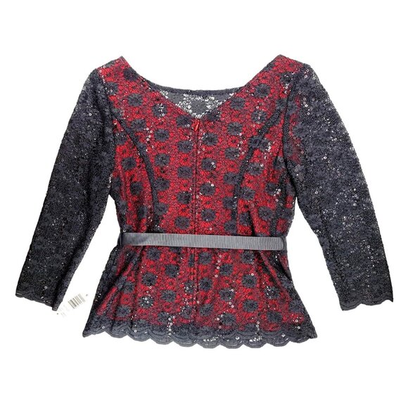 Blu Sage Black Red Lace Sparkle Top Women Small Holiday Party New Year Fancy - Picture 2 of 13